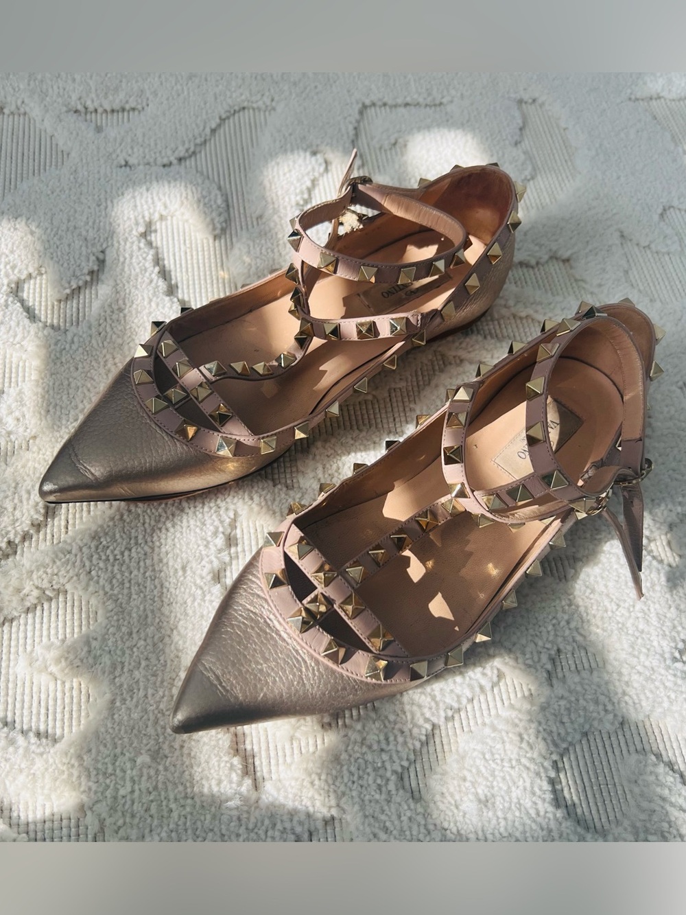 Valentino Garavani Metallic Rose Gold Studded Pointed-Toe Flats